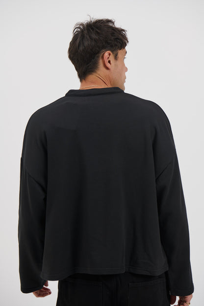 Fleece Crop Henley Black